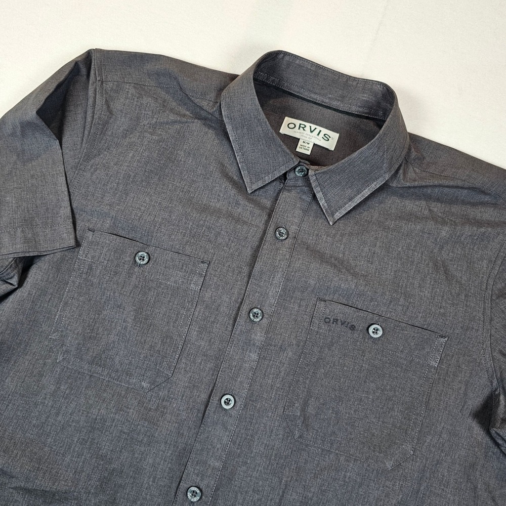 Orvis Classic Collection Mens Medium Slim Fit Short Sleeve Button Up Shirt Gray
